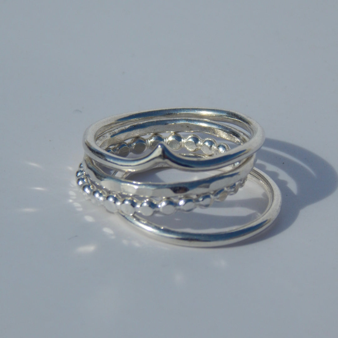 Set of Four Sterling Silver Stacking Rings Chevron, Medallion, Hamme